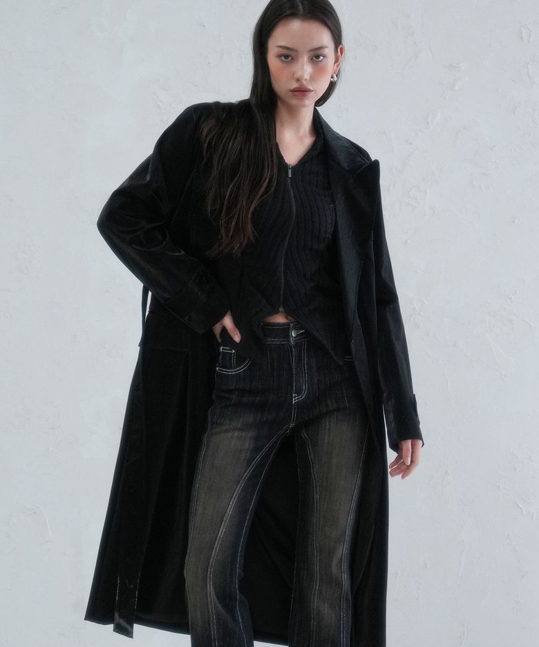 Raven Art Leather Long Jacket BLACK