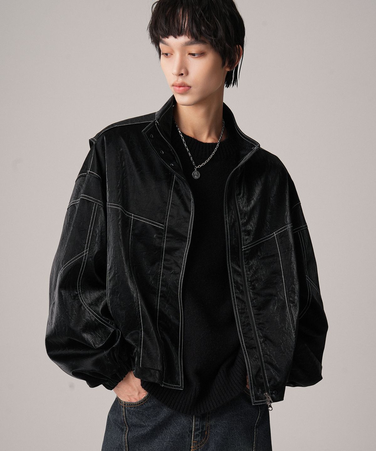 어반드레스(AVANDRESS) Stitch Art Leather Jacket BLACK X WHITE