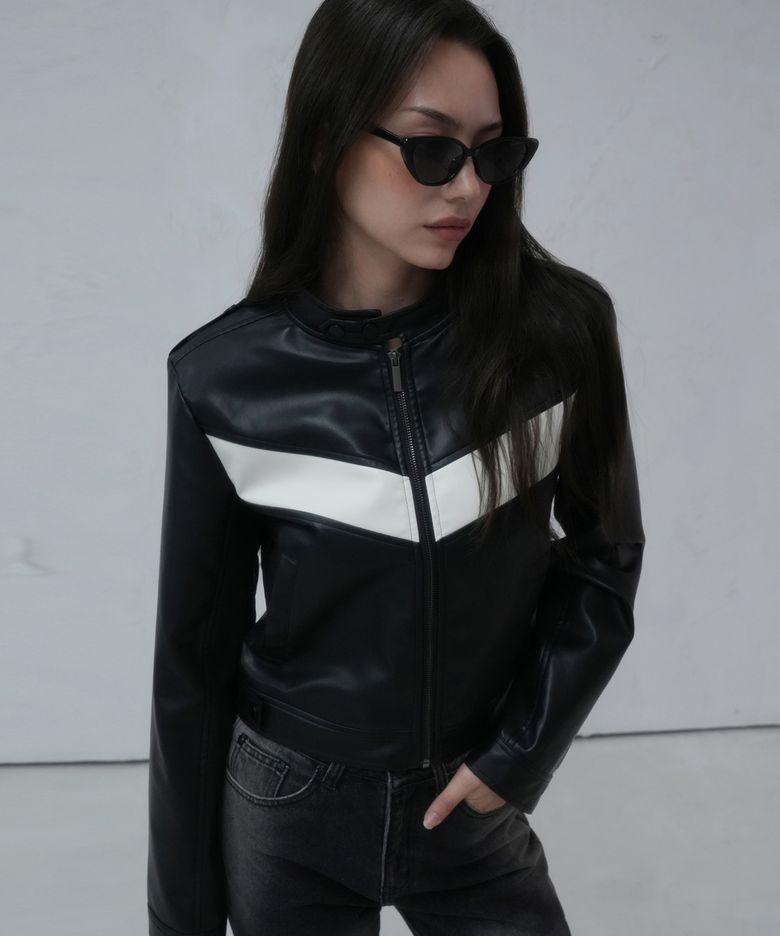 V Vegan Leather Short Jacket BLACK