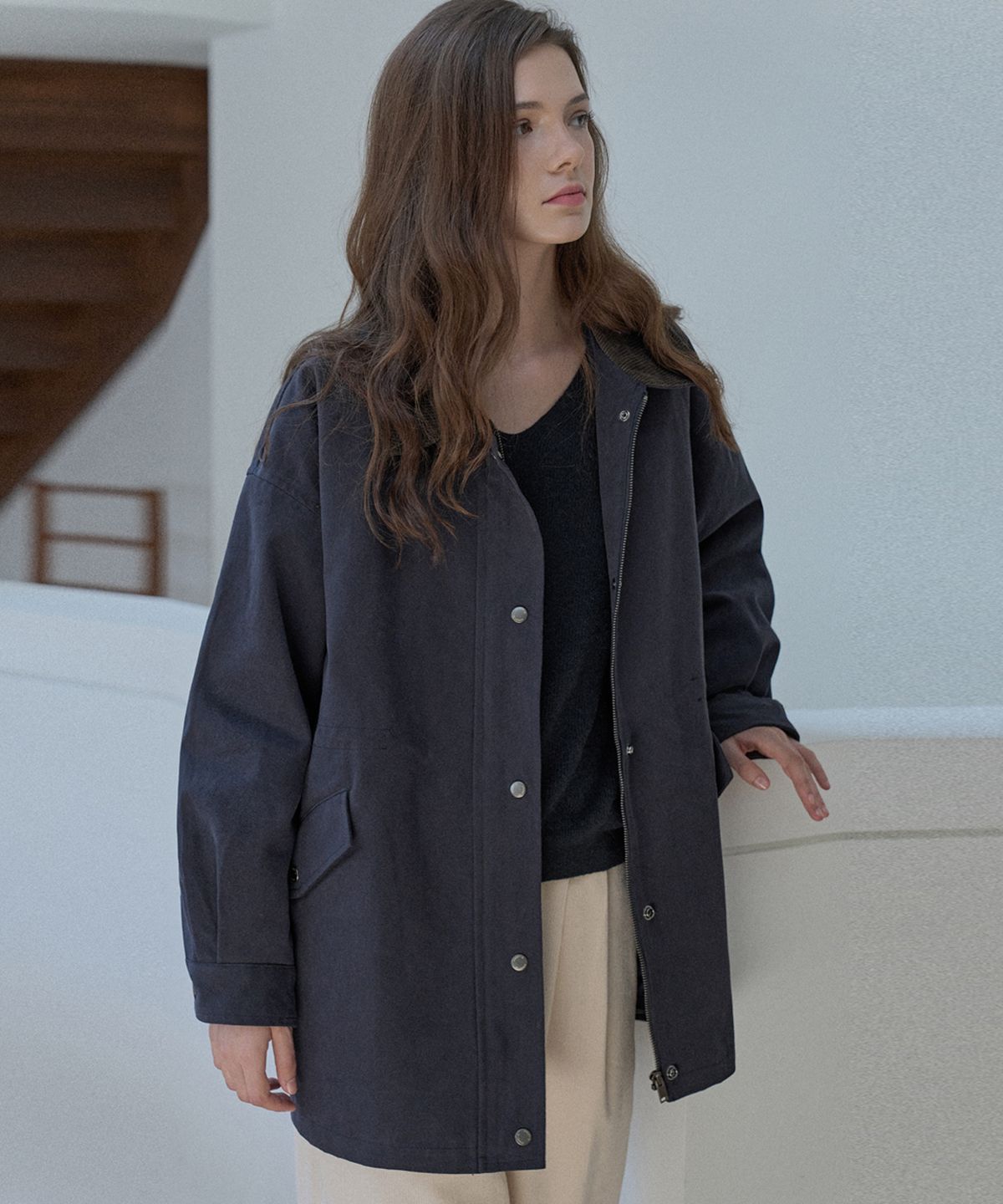 아방(AVANT-G) Corduroy Collar Safari Jumper - NAVY