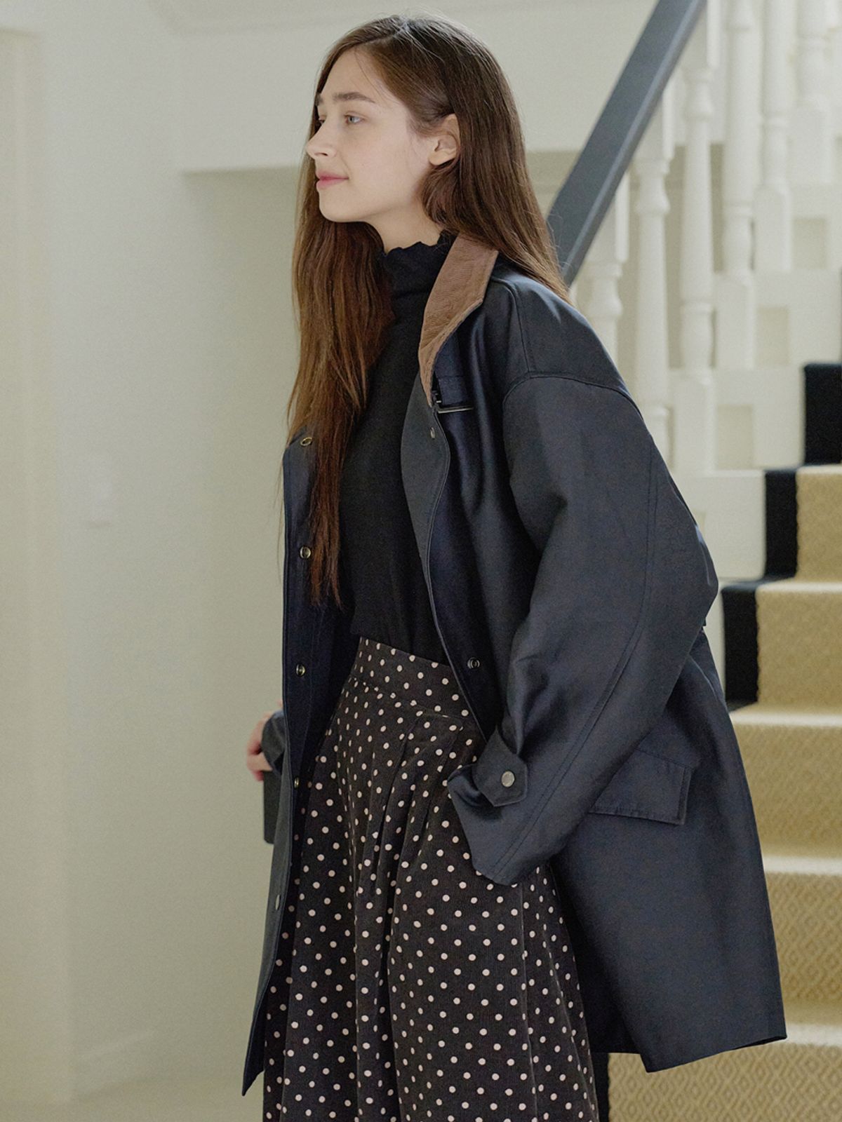 아방(AVANT-G) Band Neck Half Trench Jacket - NAVY
