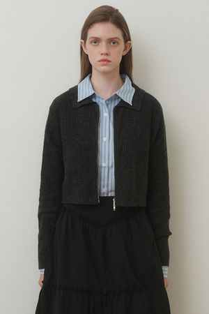 카라 니트 집업 차콜