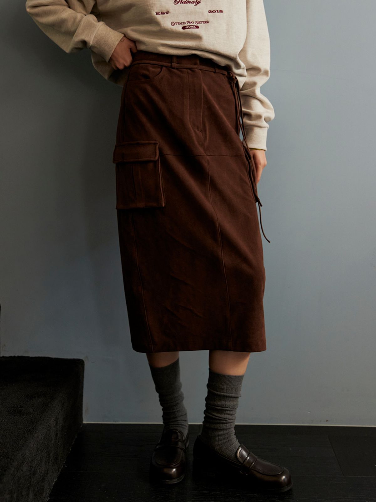 오앨(OUEL) SUADE STRING MIDI SKIRT_BROWN