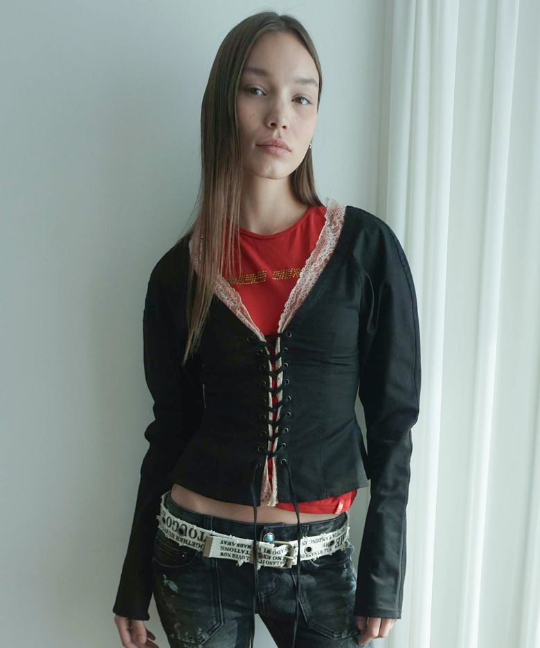 Layered Lace Up Blouse Black