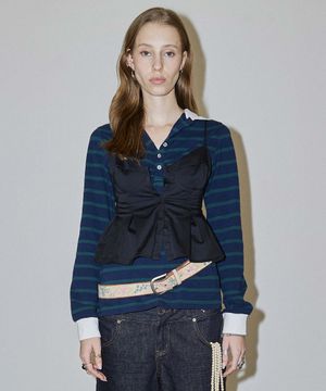 Shirring Tennis Shirt Navy/Green Stripe