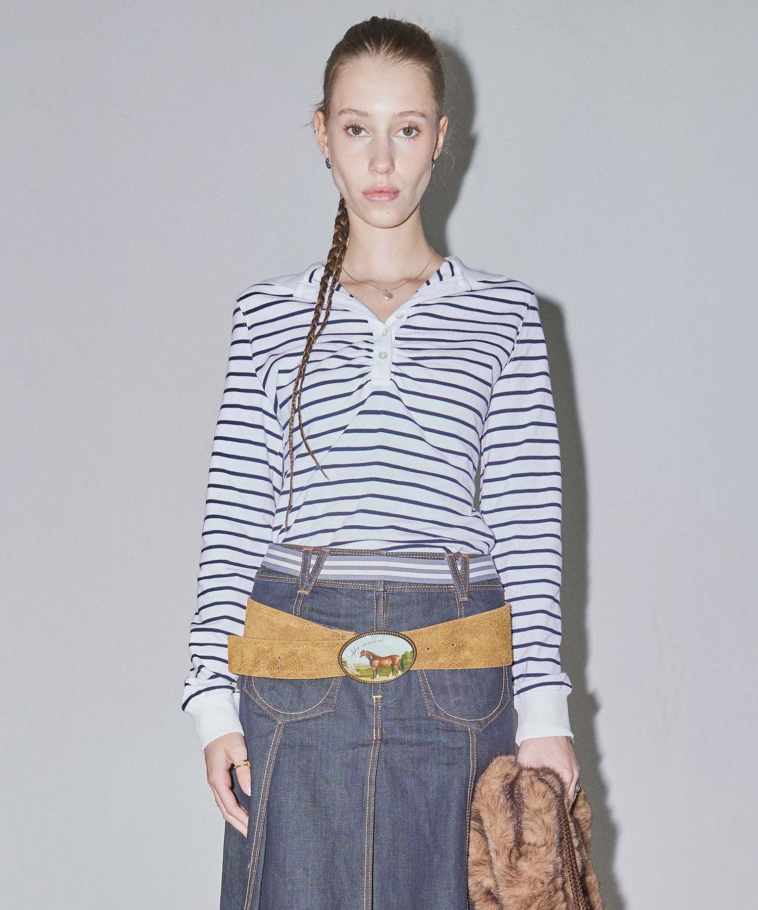 トップス SCULPTOR Shirring Tennis Shirt 스컬프터(SCULPTOR) Shirring Tennis Shirt White/Navy Stripe