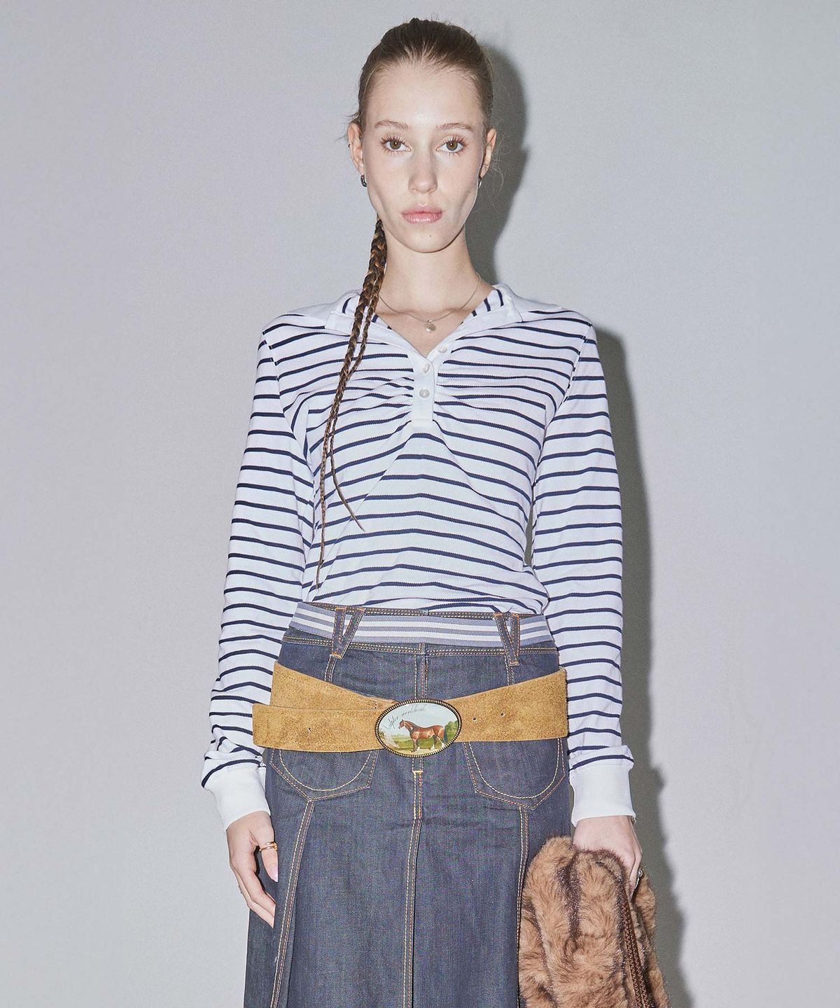 스컬프터(SCULPTOR) Shirring Tennis Shirt White/Navy Stripe