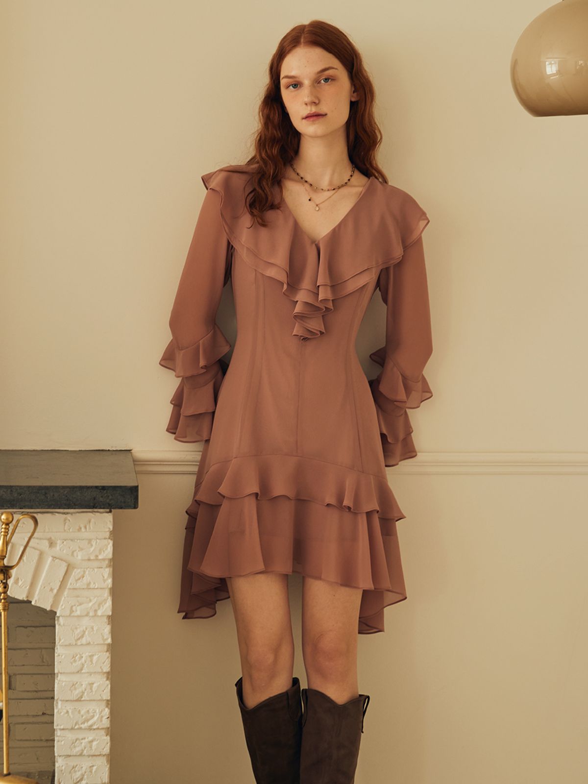 오앨(OUEL) CAPE RUFFLE MINI DRESS_PALE PINK