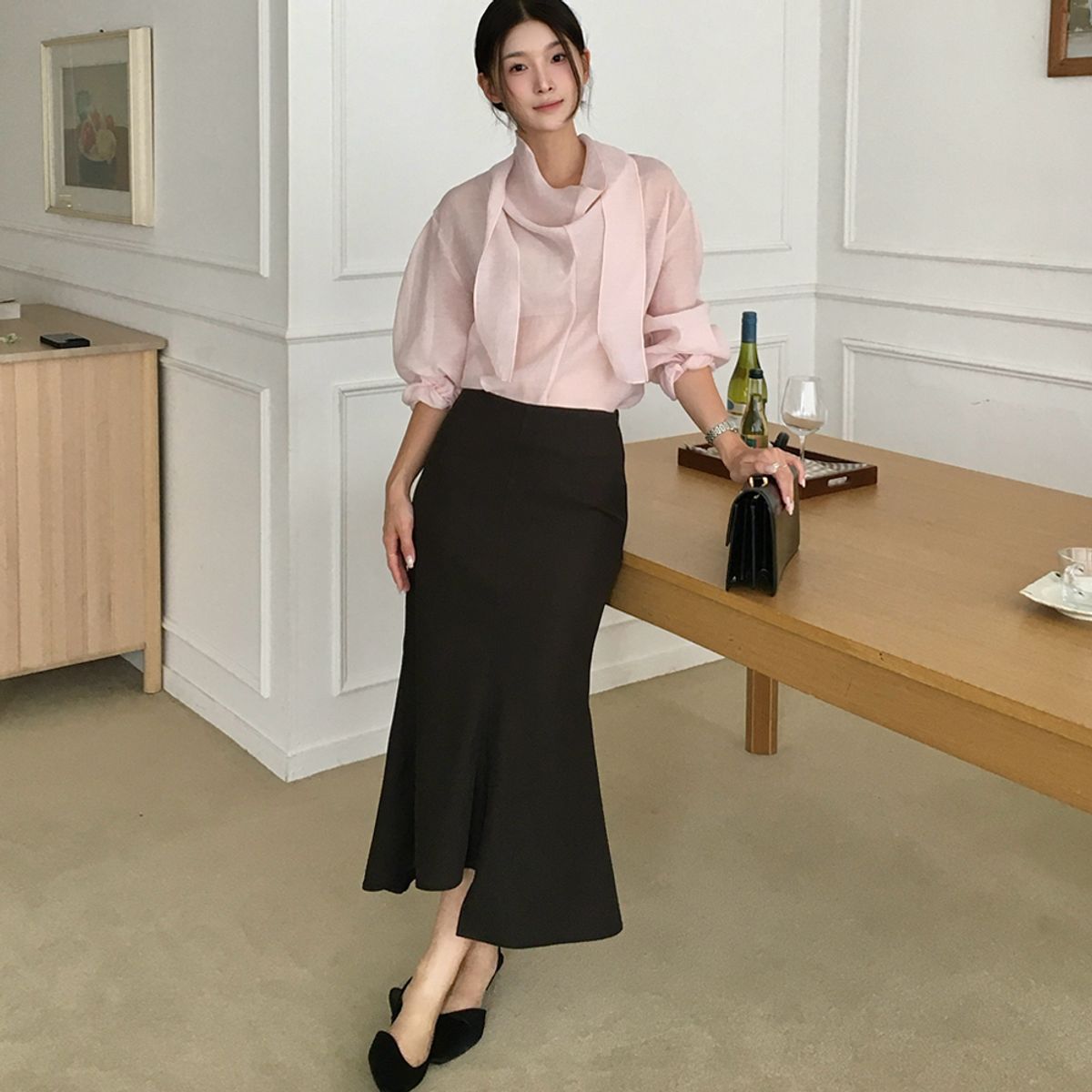 모멧(MOMET) 머메이드 슬릿 스커트 다크브라운