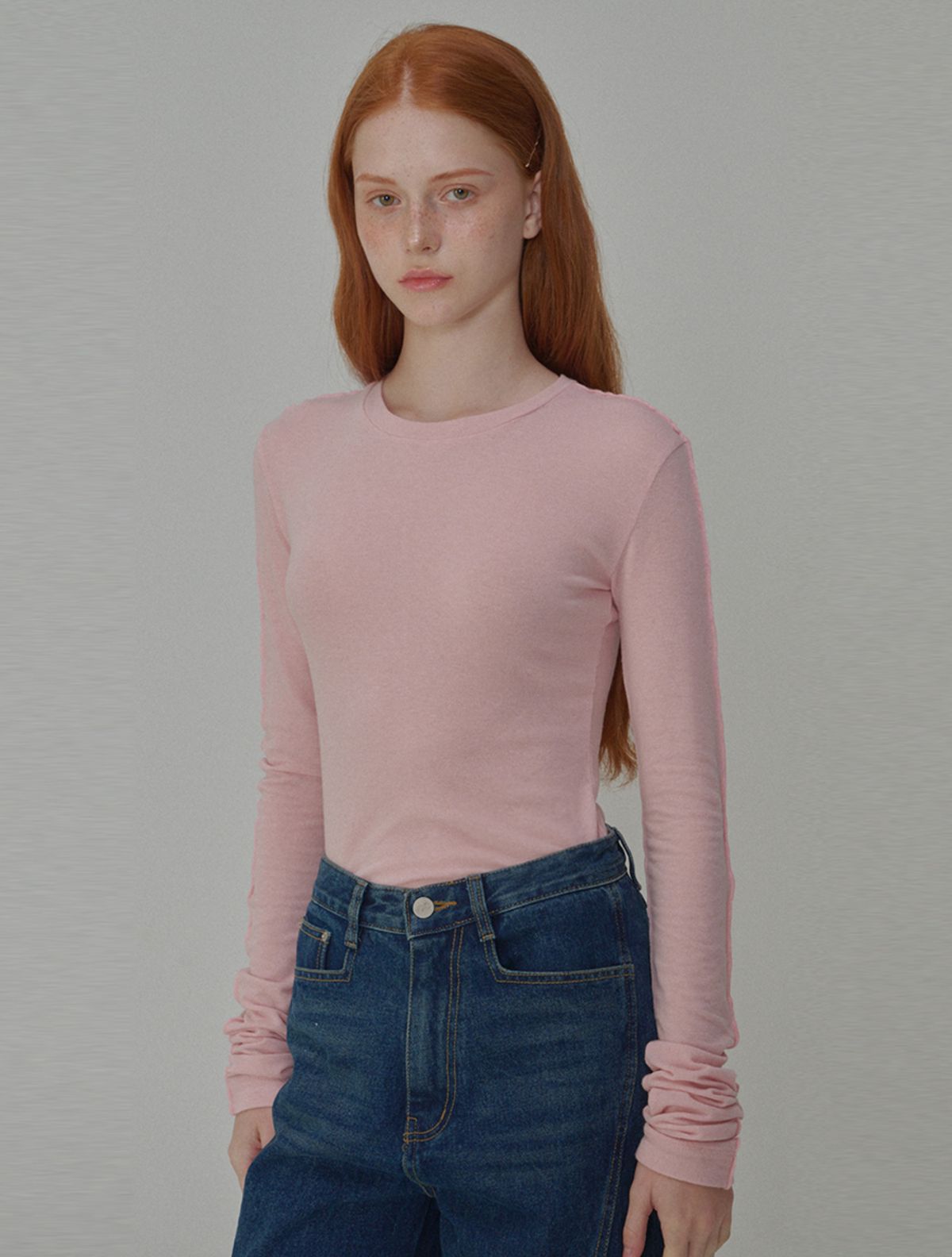 오프닝선샤인(OPENING SUNSHINE) 시스루 울 저지 티셔츠 핑크