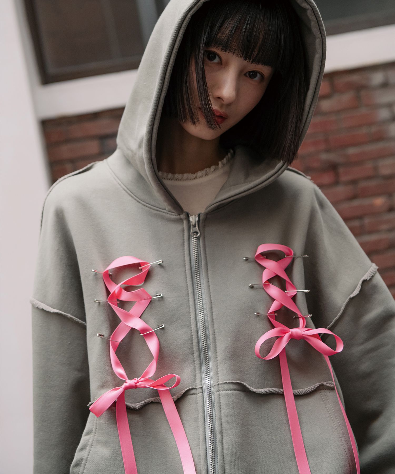 MUSINSA | HIGH SCHOOL DISCO Corset Ribbon Hoodie Zip-Up_Khaki