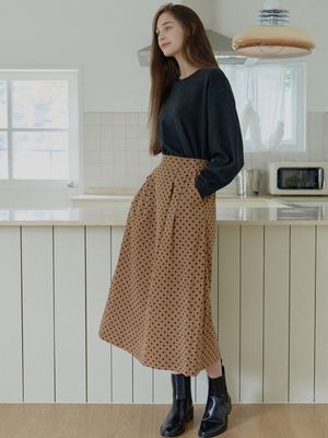 Dot Corduroy Long Skirt - CAMEL