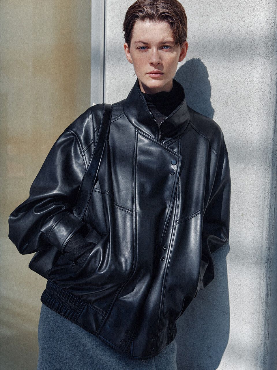 MUSINSA | LOEUVRE Asymmetric Placket Faux Leather Jacket SL4AJ820-10