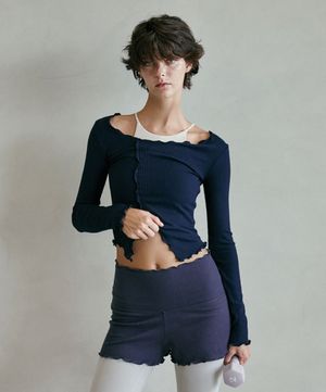 여성 요가복 DEVI-T0112-네이비 필라테스 웨이븐 프릴 롱슬리브