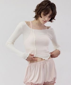 여성 요가복 DEVI-T0112-아이보리 필라테스 웨이븐 프릴 롱슬리브