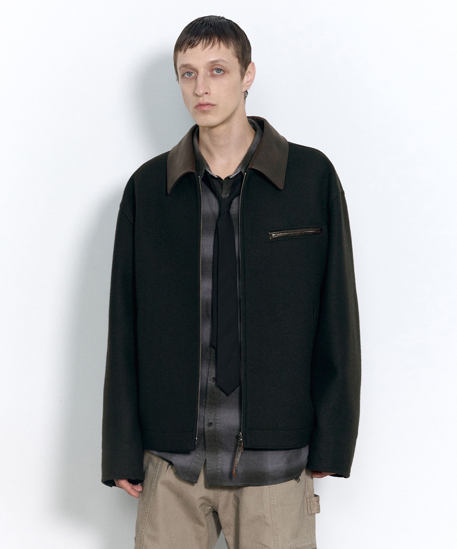 【insilence】Leather Patch Wool Jacket MUSINSA | INSILENCE Leather Patch Wool Work Jacket INK GREY