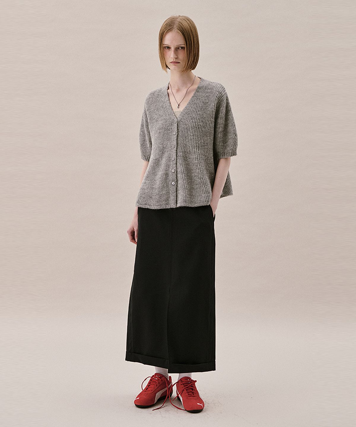 아위(AHWE) MOHAIR BLEND FLARED CARDIGAN_MISTY GREY