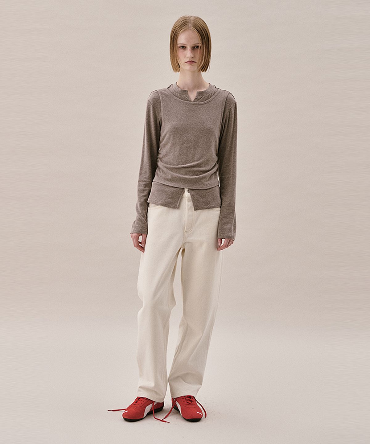 아위(AHWE) LAYERED JERSEY TOP_LIGHT BROWN MELANGE