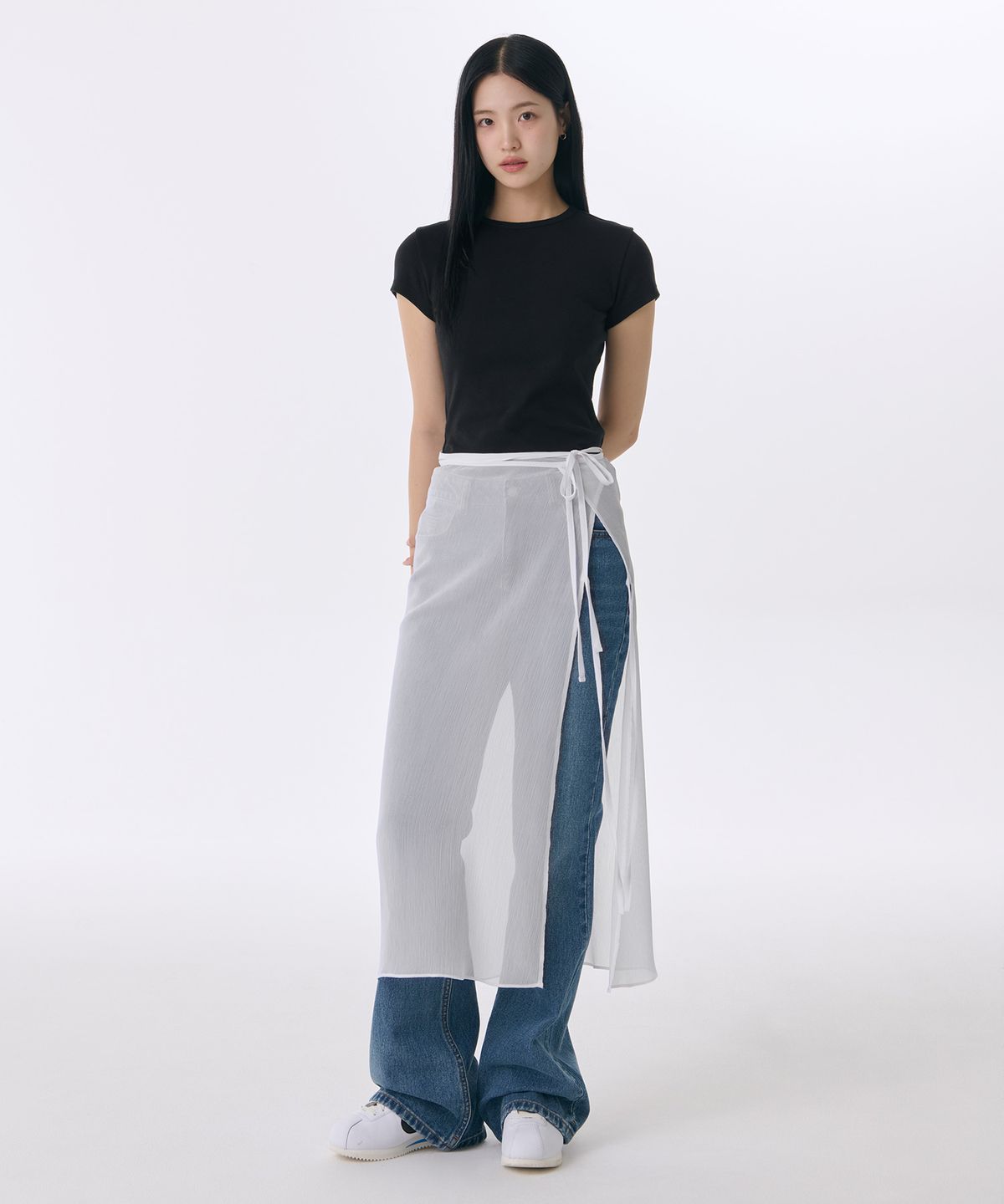 무신사 스탠다드 우먼(MUSINSA STANDARD WOMAN) 우먼즈 시어 크링클 레이어드 랩 스커트_롱 [화이트]