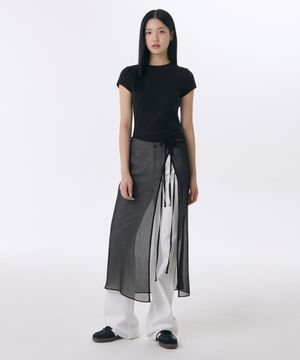 우먼즈 시어 크링클 레이어드 랩 스커트_롱 [블랙]