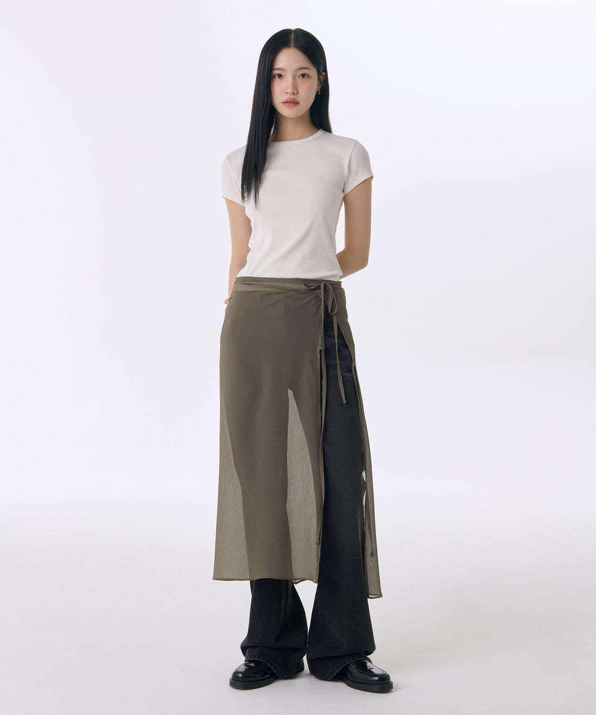 무신사 스탠다드 우먼(MUSINSA STANDARD WOMAN) 우먼즈 시어 크링클 레이어드 랩 스커트_롱 [카키 브라운]