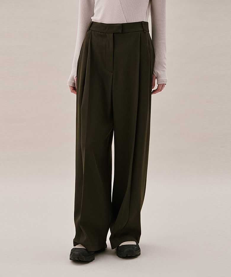 ITALIAN WOOL BLEND TUCKED PANTS_DARK KHAKI