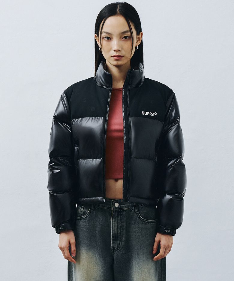 여성 자가드 배색 숏 다운 자켓(BLACK)