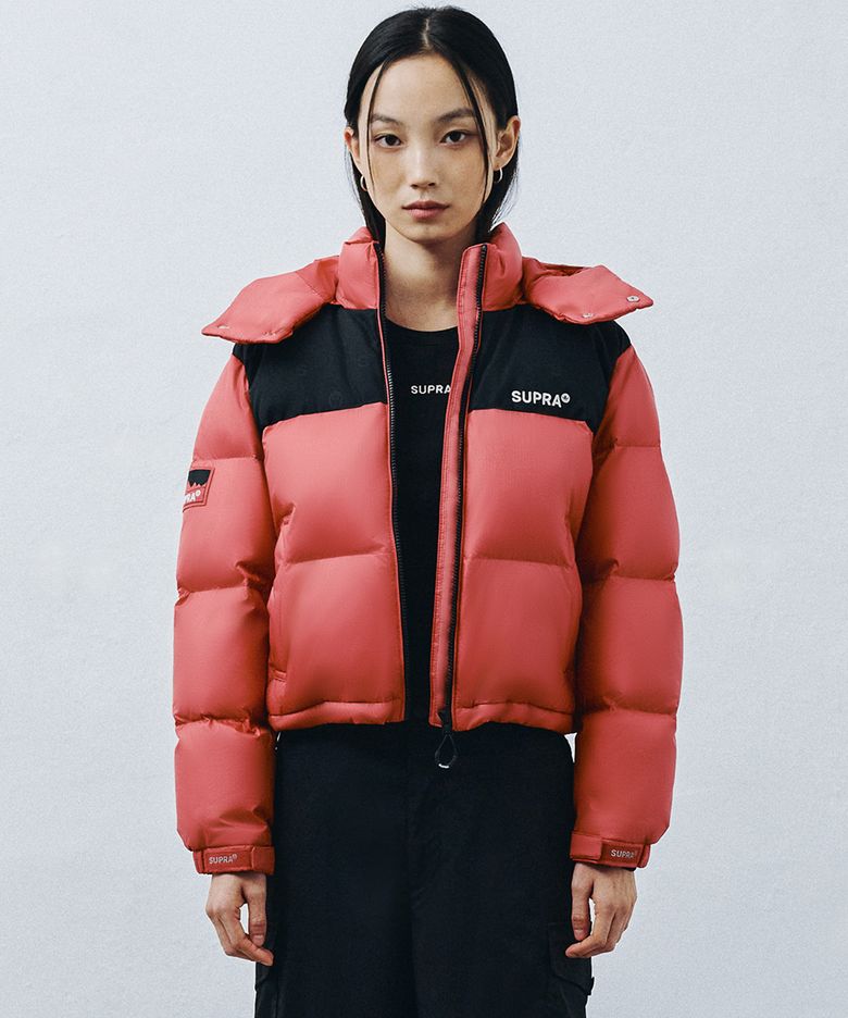 여성 자가드 배색 숏 다운 자켓(RED)