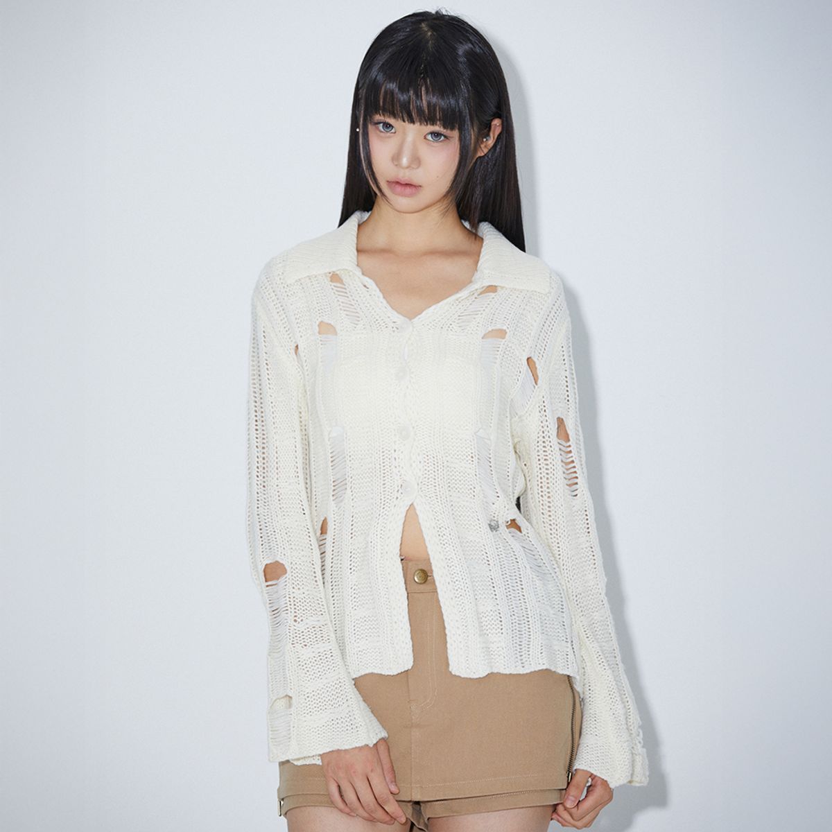 라라폭스(LALAFOX) KNIT COLLAR CARDIGAN IVORY 카라 니트 가디건  BQ4KG003