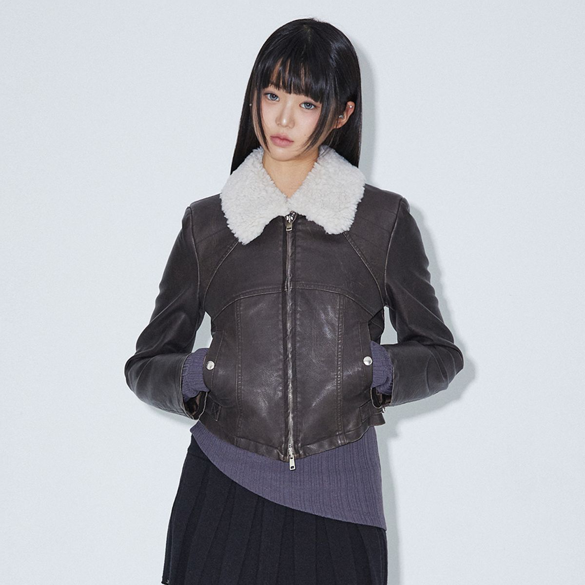 라라폭스(LALAFOX) NECK FUR SLIM FAKE LEATHER JACKET DARK BROWN BQ4MJ002