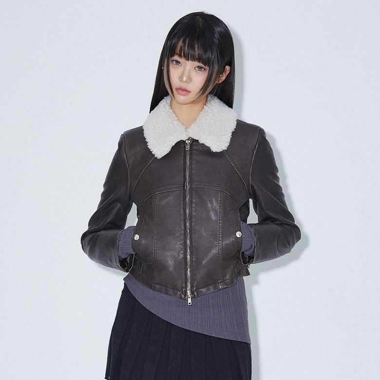NECK FUR SLIM FAKE LEATHER JACKET DARK BROWN BQ4MJ002