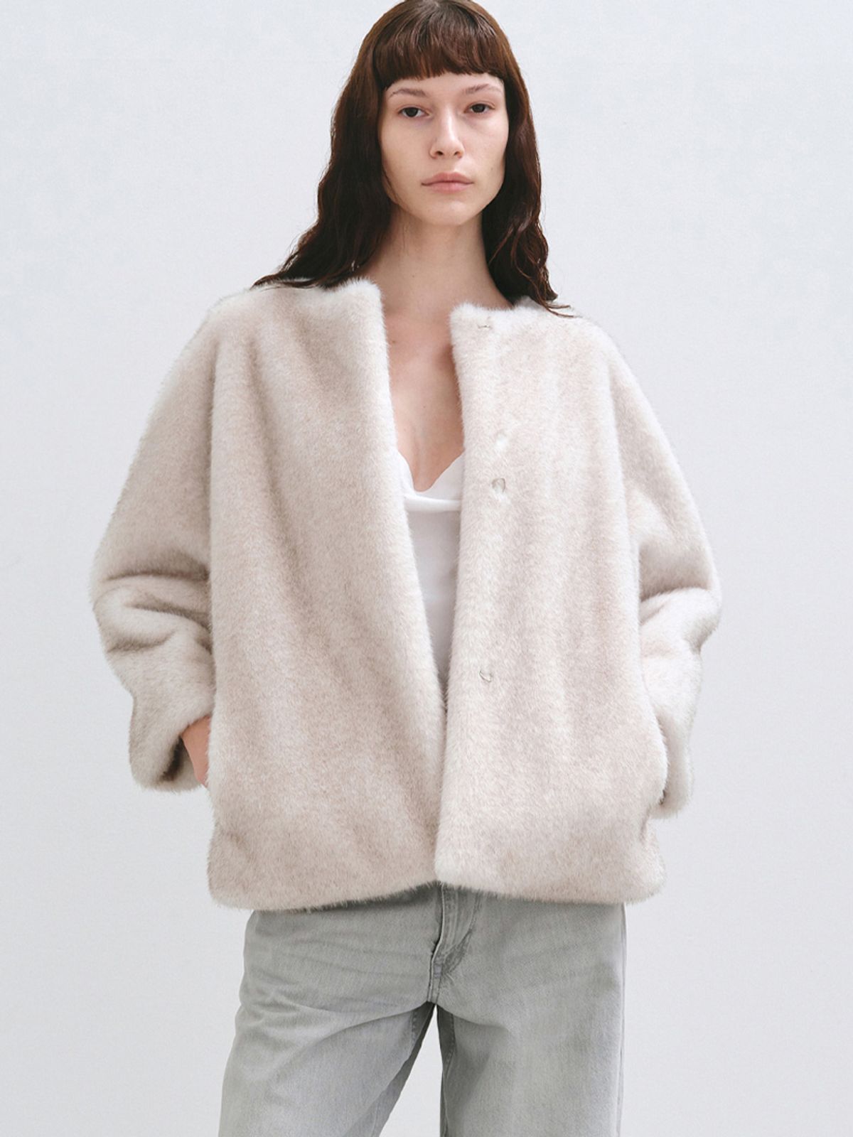 해브레스(HAVELESS) COLETTE FAUX FUR JACKET LIGHT GREY