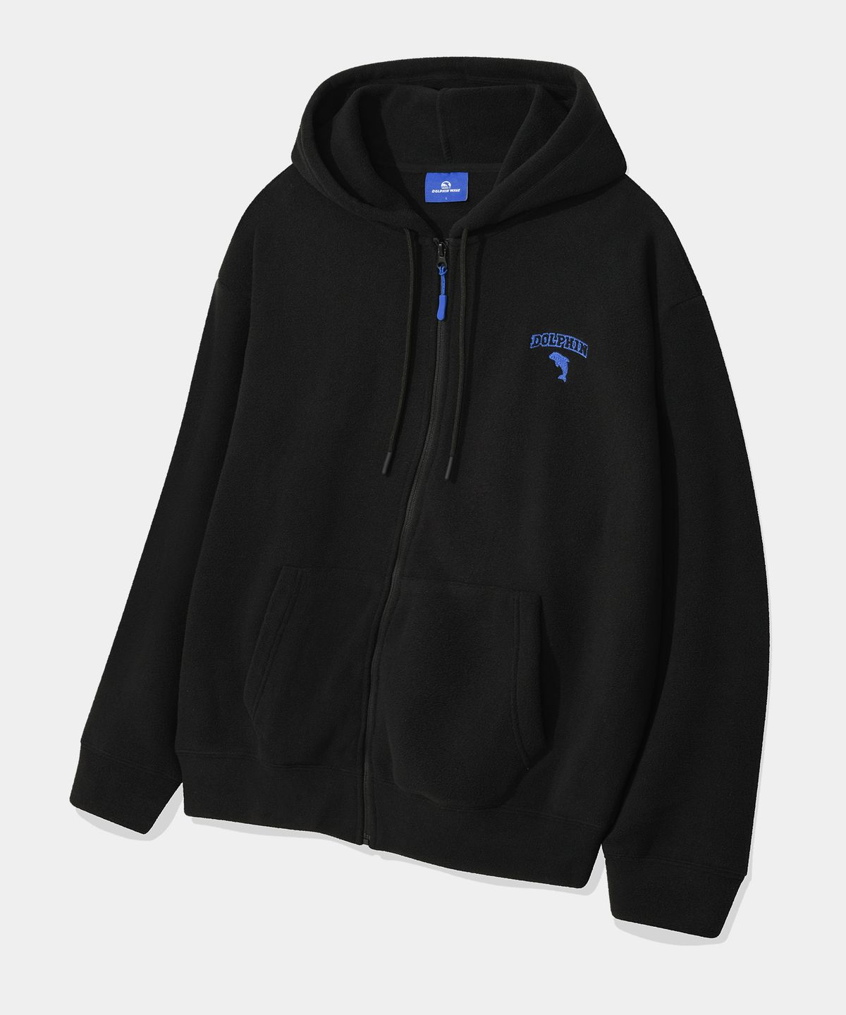 돌핀웨이브어패럴(DOLPHIN WAVE APPAREL) 돌핀 체인자수 플리스 후드 짚업 블랙