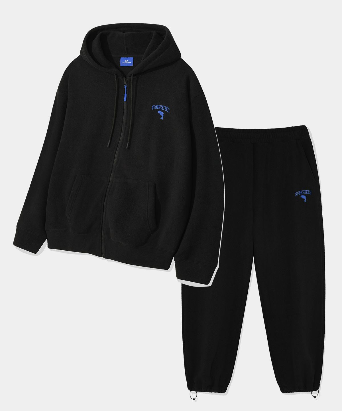돌핀웨이브어패럴(DOLPHIN WAVE APPAREL) [세트] 돌핀 체인자수 플리스 후드집업 &  스트링 팬츠 블랙