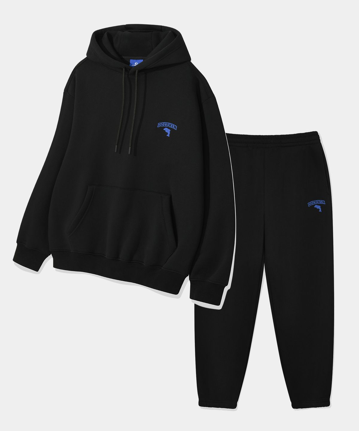 돌핀웨이브어패럴(DOLPHIN WAVE APPAREL) [세트] 돌핀 체인자수 기모 후드 & 조거 팬츠 블랙