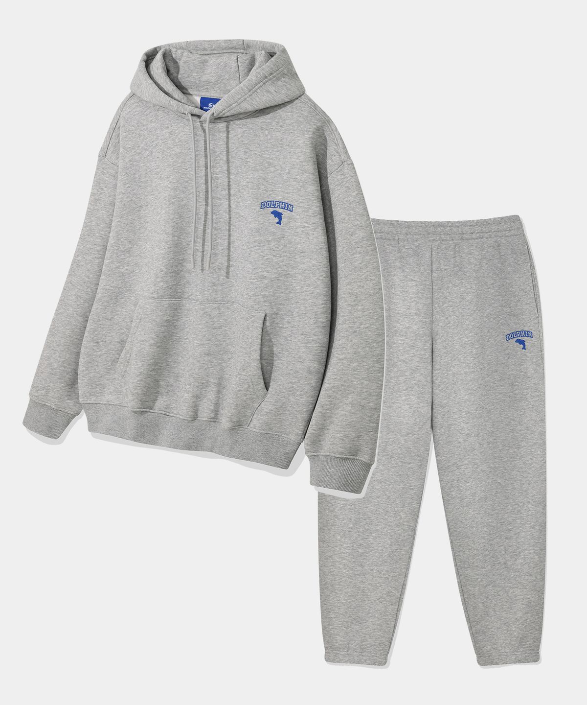 돌핀웨이브어패럴(DOLPHIN WAVE APPAREL) [세트] 돌핀 체인자수 기모 후드 & 조거 팬츠 멜란지그레이