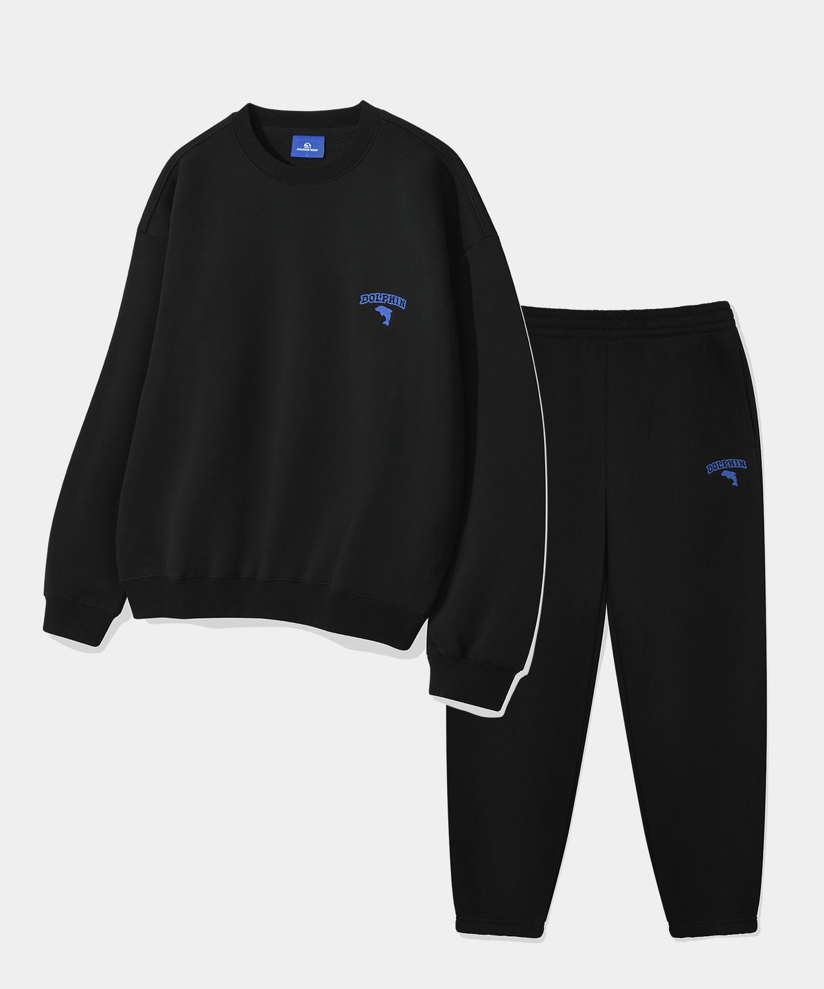 돌핀웨이브어패럴(DOLPHIN WAVE APPAREL) [세트] 돌핀 체인자수 기모 맨투맨 & 조거 팬츠 블랙