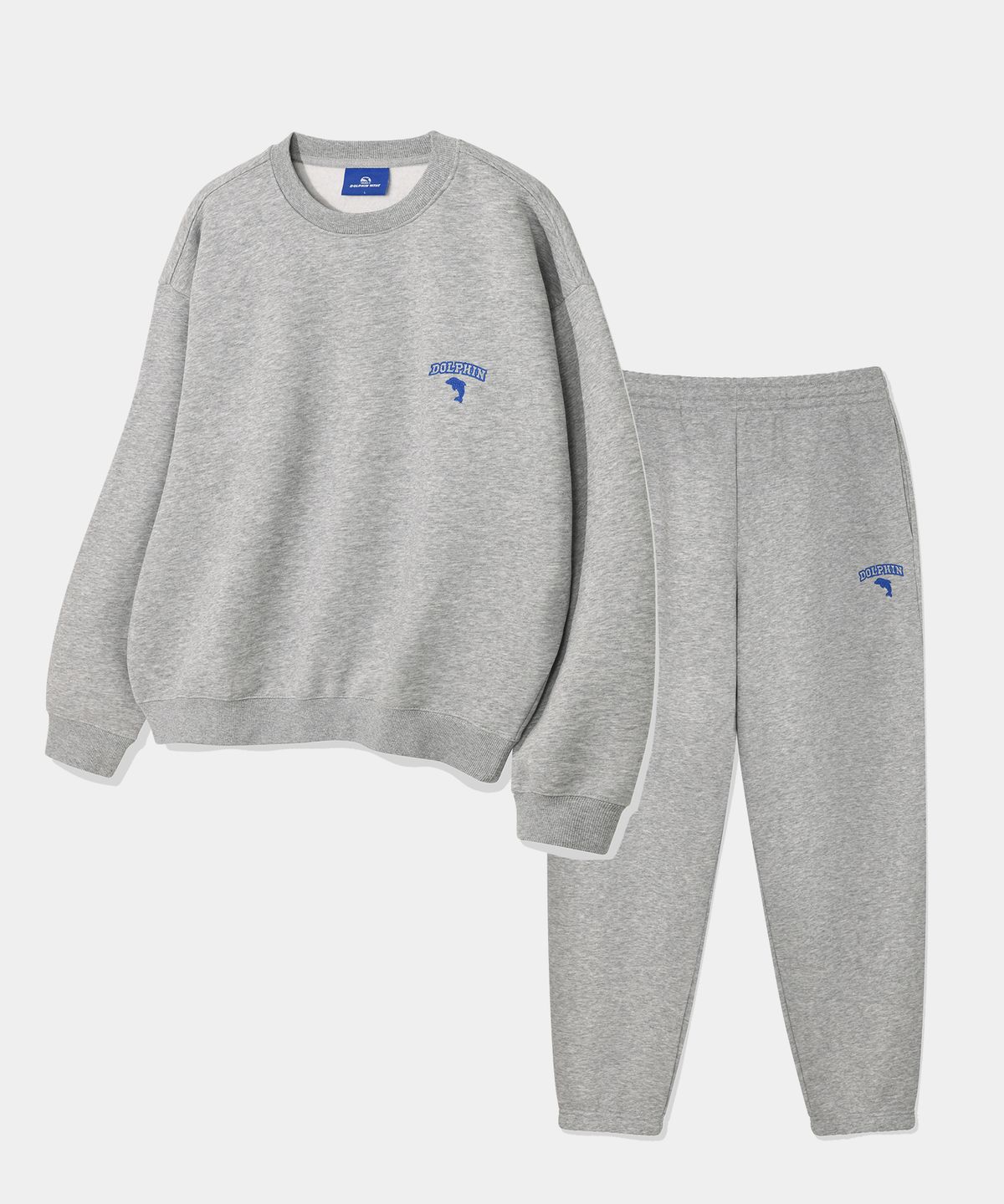 돌핀웨이브어패럴(DOLPHIN WAVE APPAREL) [세트] 돌핀 체인자수 기모 맨투맨 & 조거 팬츠 멜란지 그레이