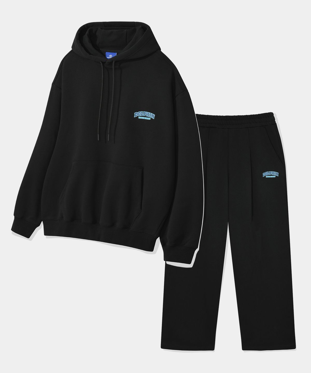 돌핀웨이브어패럴(DOLPHIN WAVE APPAREL) [세트] 돌핀 실리콘프린트 후드 & 원턱 팬츠 블랙