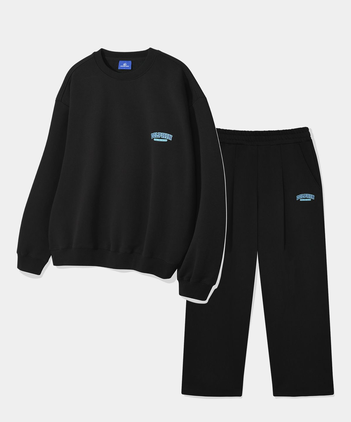 돌핀웨이브어패럴(DOLPHIN WAVE APPAREL) [세트] 돌핀 실리콘프린트 맨투맨 &  원턱 팬츠 블랙