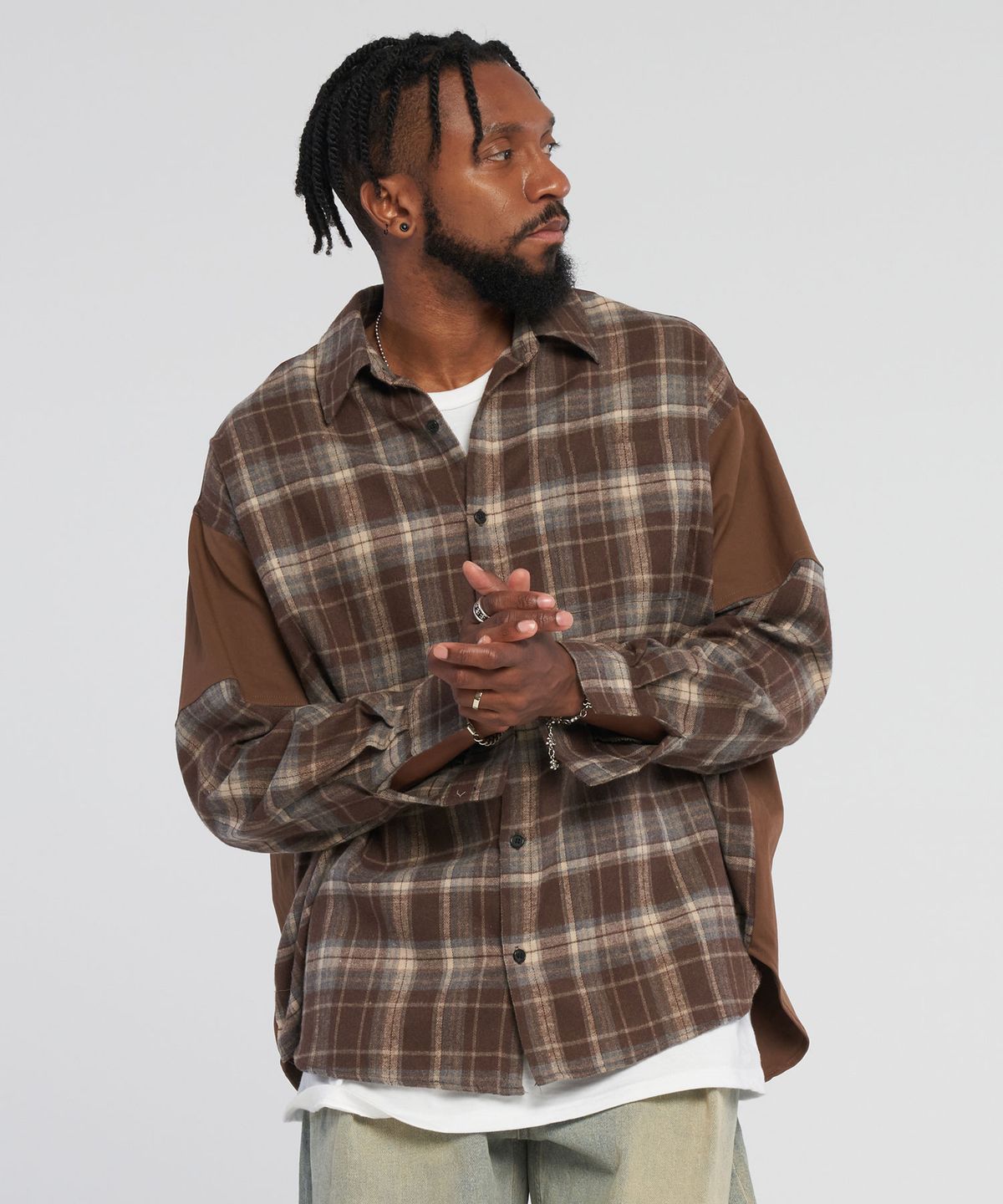 테네르(TENER) Front and back checkered shirt_Brown