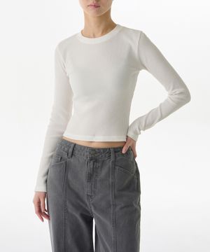 우먼즈 와플 슬림 크루 넥 긴소매 티셔츠 [아이보리]