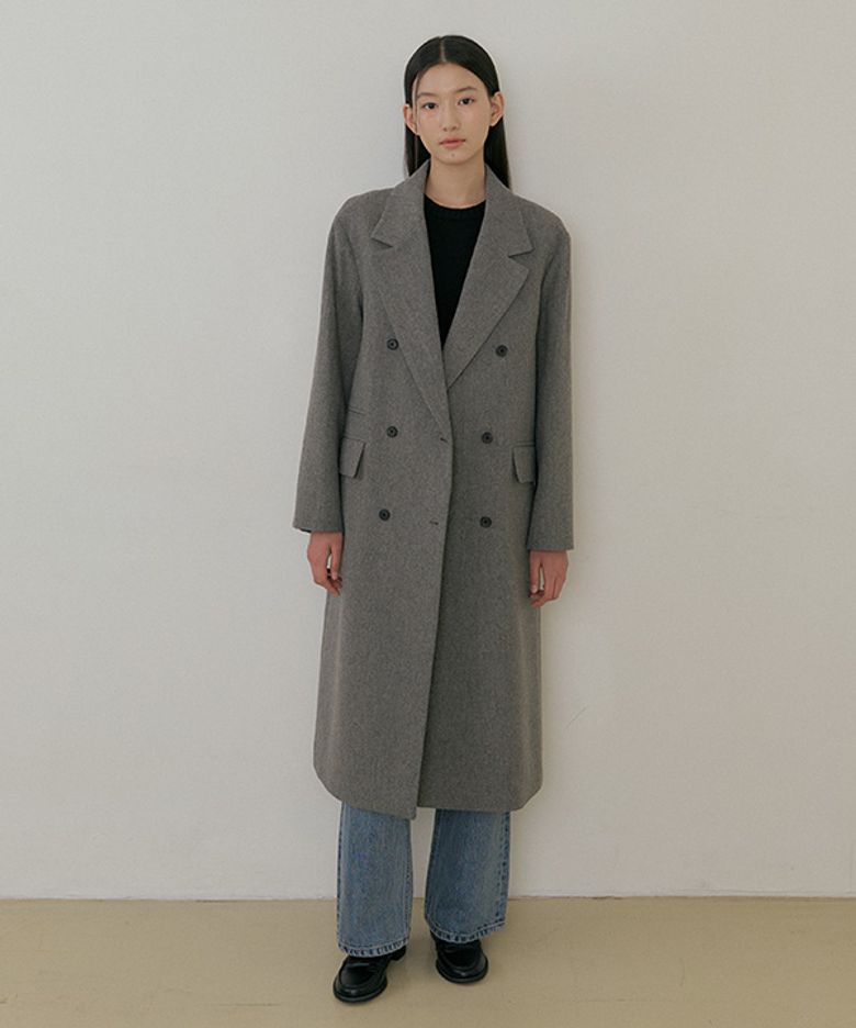 wool double long coat-gray