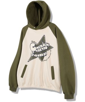 크랙 레터링 배색 래글런 후드 - 카키