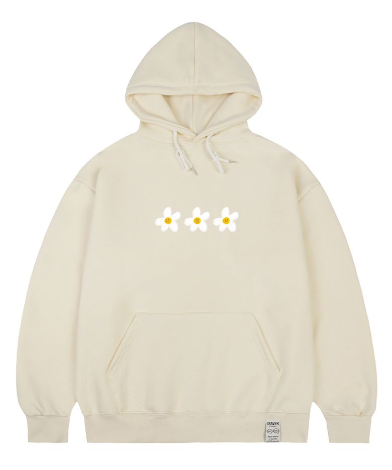[UNISEX]3 페인팅 플라워 스마일 후드티_크림