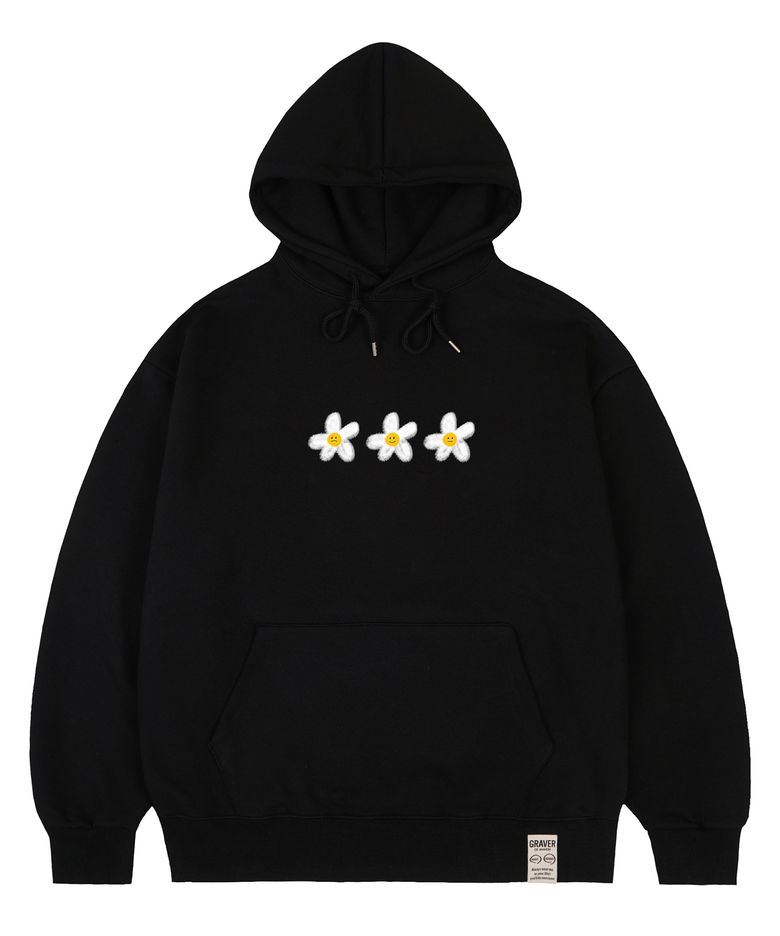 [UNISEX]3 페인팅 플라워 스마일 후드티_블랙