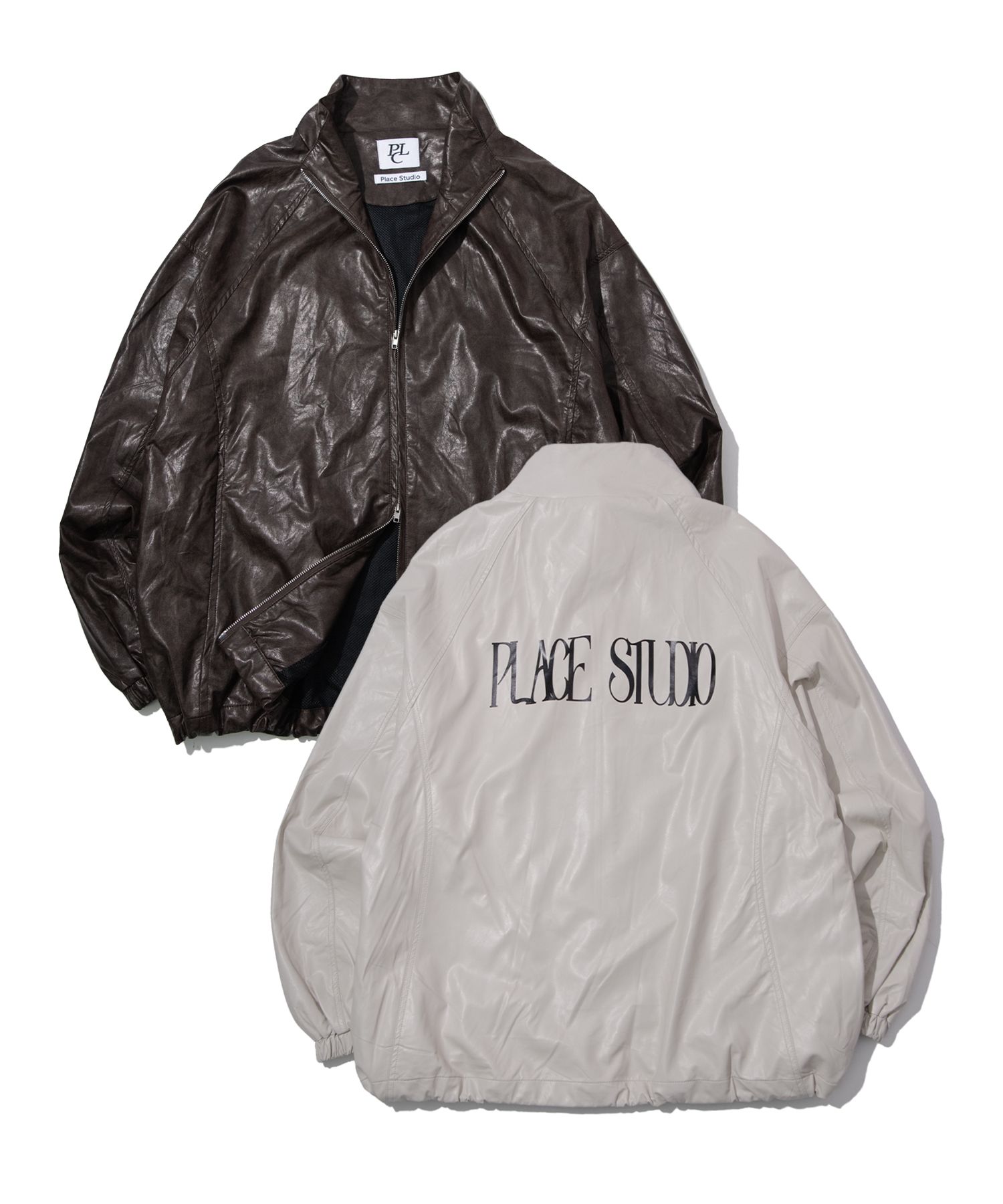 PLACESTUDIO ♥ Crinkle Logo Leather Coated Wind Jacket MUSINSA | PLACE STUDIO Crinkle Back Logo Point Track Leather