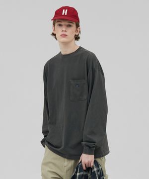 [M~4XL] 피그먼트 롱 슬리브 포켓 티셔츠_차콜