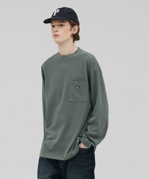 [M~4XL] 피그먼트 롱 슬리브 포켓  티셔츠_카키