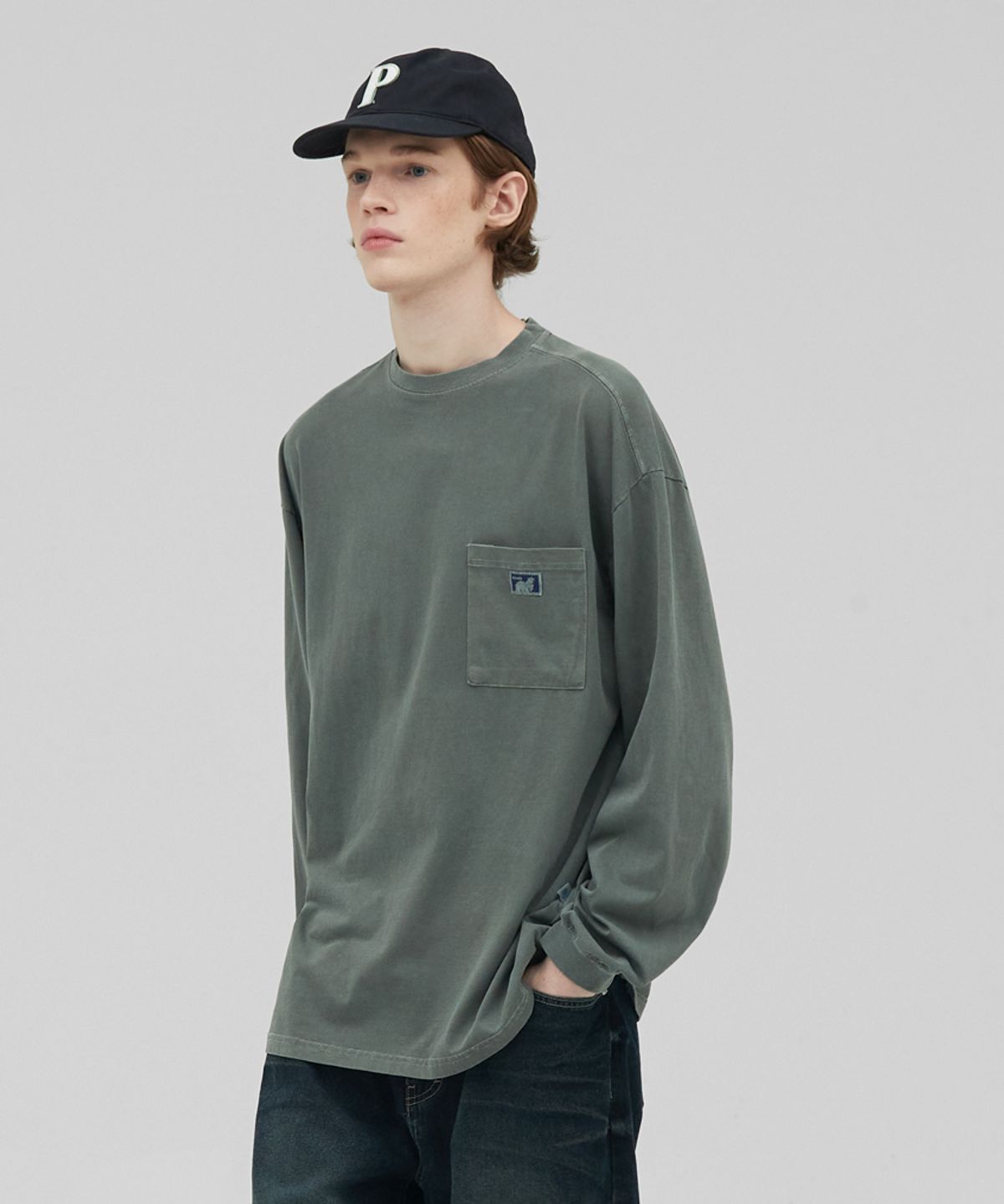 스탠즈(STENDS) [M~4XL] 피그먼트 롱 슬리브 포켓  티셔츠_카키